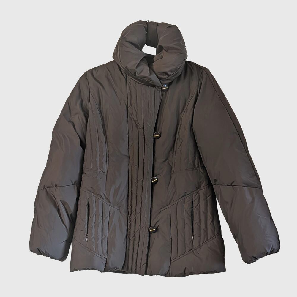 Larry Levine Down Puffer Jacket S Chocolate Brown Funnel Collar Winter Coat